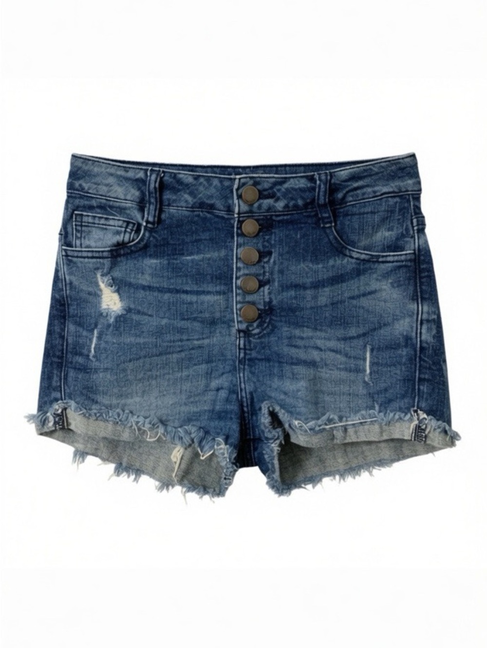 Refuge Button Fly Distressed Dark Wash High Waisted Jean Shorts Raw Hem Pockets
